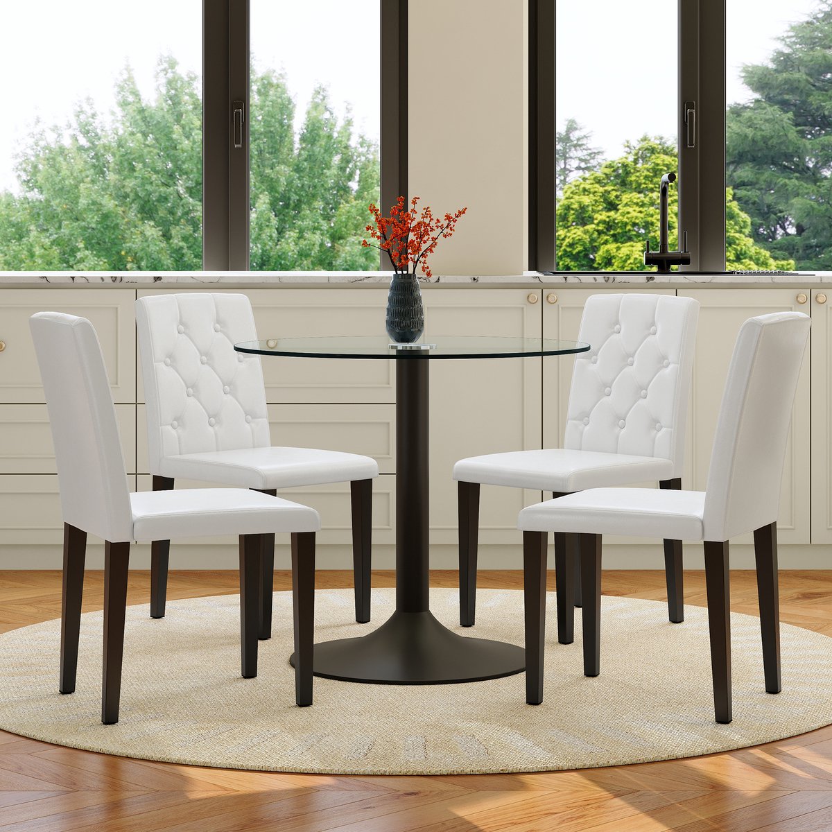 STILVORA Set Tafel En Stoelen 85 Cm – Ronde Glazen Eettafel Met 4 Stoelen – Modern Minimalistisch Voor Eetkamer En Café – Metaal – Zwart Transparant Wit