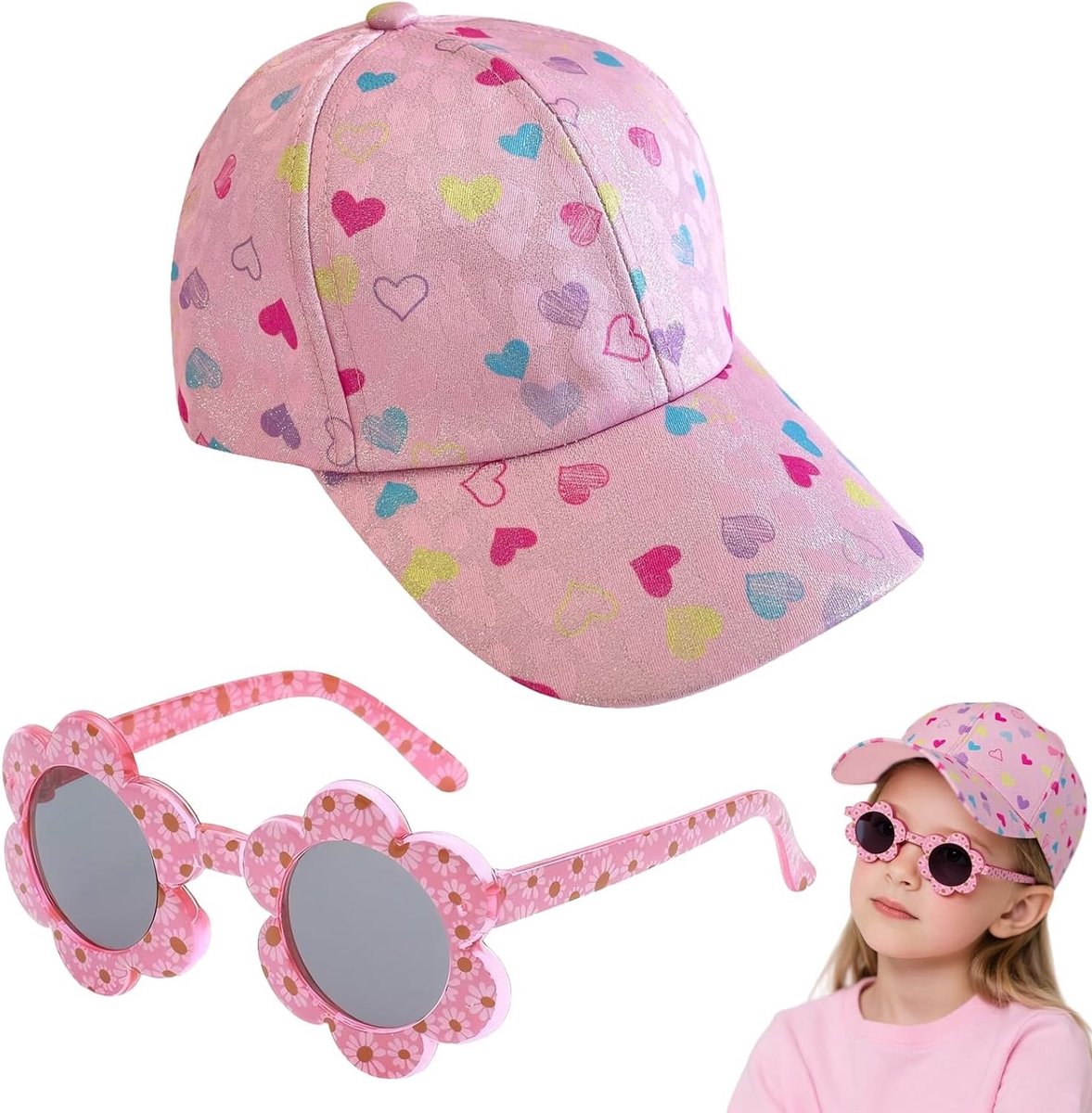 Zomerse Hoed met Zonnekap en Schattige Zonnebril Set - Ademend en Verstelbaar - UV Bescherming voor Meisjes - Roze Accessoire voor Buitenactiviteiten