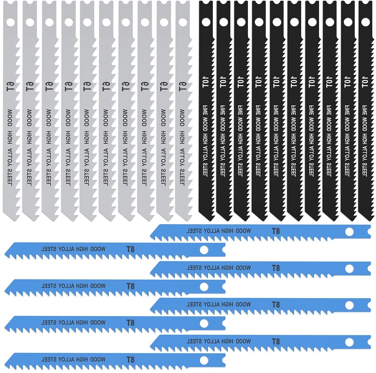 25-delige decoupeerzaagblad set met 6T, 8T en 10T, carbide staal, geschikt voor hout, metaal en kunststof, ideaal voor houtbewerking en precisiewerk