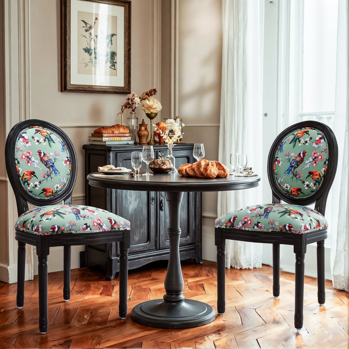 Homemiyn Eetkamerstoelen Set van 2 – Zwart Houten Frame Stoelen met Groene Vogel Bloemen Bekleding – Vintage Design Dining Chair – Gestoffeerde Keukenstoelen green