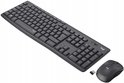 Zwarte Logitech draadloze toetsenbord met numeriek toetsenblok en bijpassende muis, met USB-ontvanger.