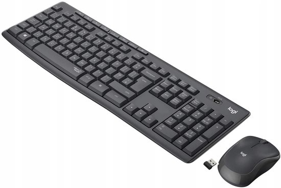Zwarte Logitech draadloze toetsenbord met numeriek toetsenblok en bijpassende muis, met USB-ontvanger.