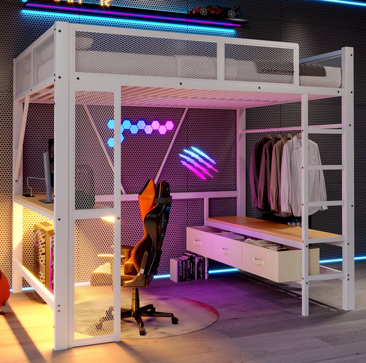 MEUNIQ Hoogslaper 140 x 200 cm met bureau, open kledingkast, 3 lades, LED-verlichting, USB, ladder en metalen frame voor slaapkamer, wit