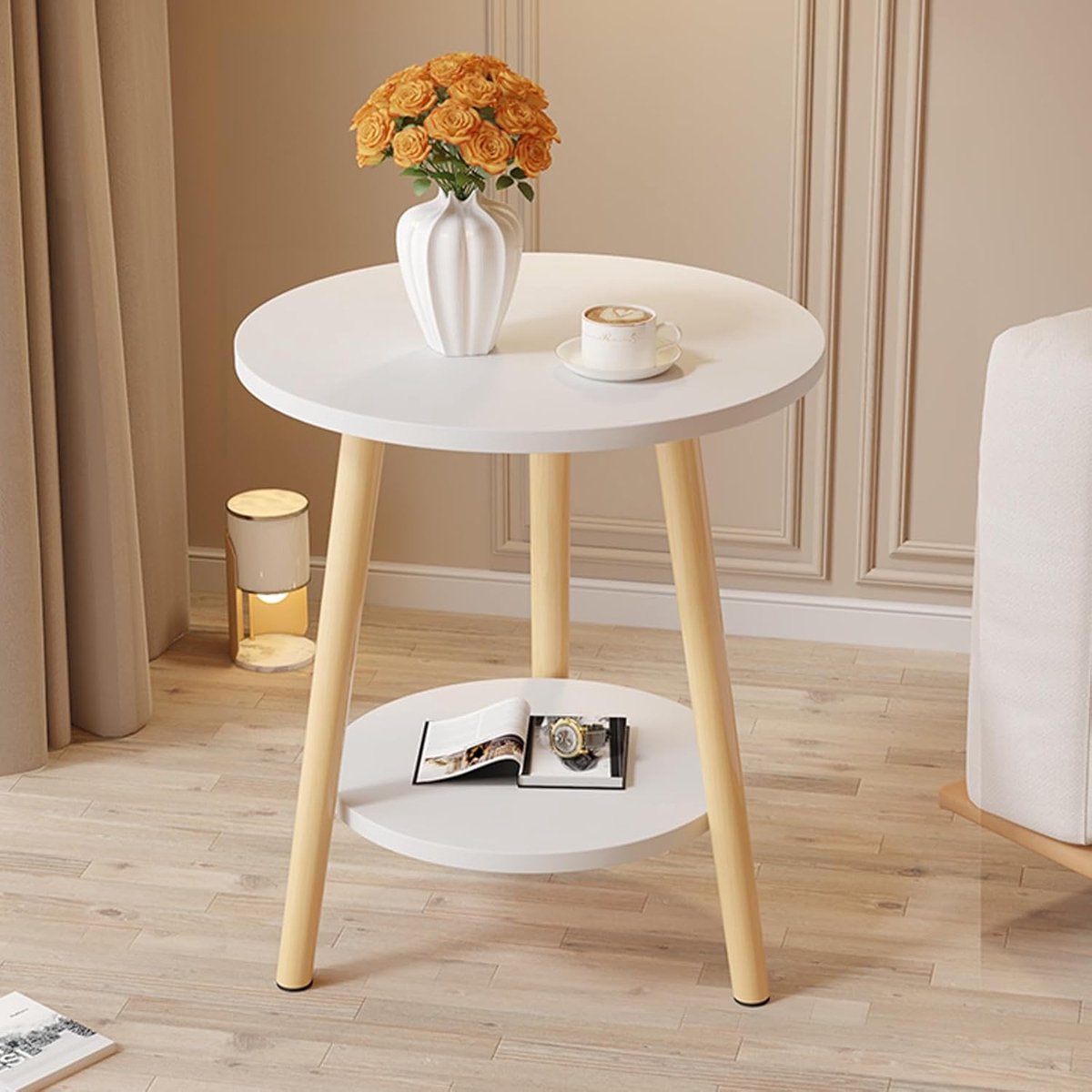Ronde bijzettafel - Tafel met opbergruimte - Kamer decoreren - Twee niveaus - 60 cm - Wit