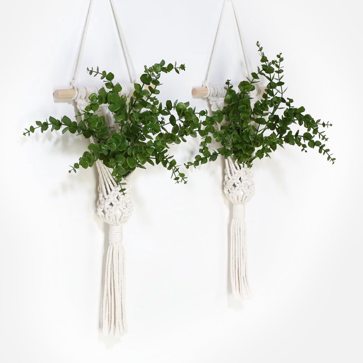 Macramé Wandhanger Set van 2 - Macrame touw - Boho Geweven Wanddecoratie van Katoentouw met Houten Stokje - Handgemaakte Wandplantenhouder voor Binnen - Crèmewit 20 x 40 cm