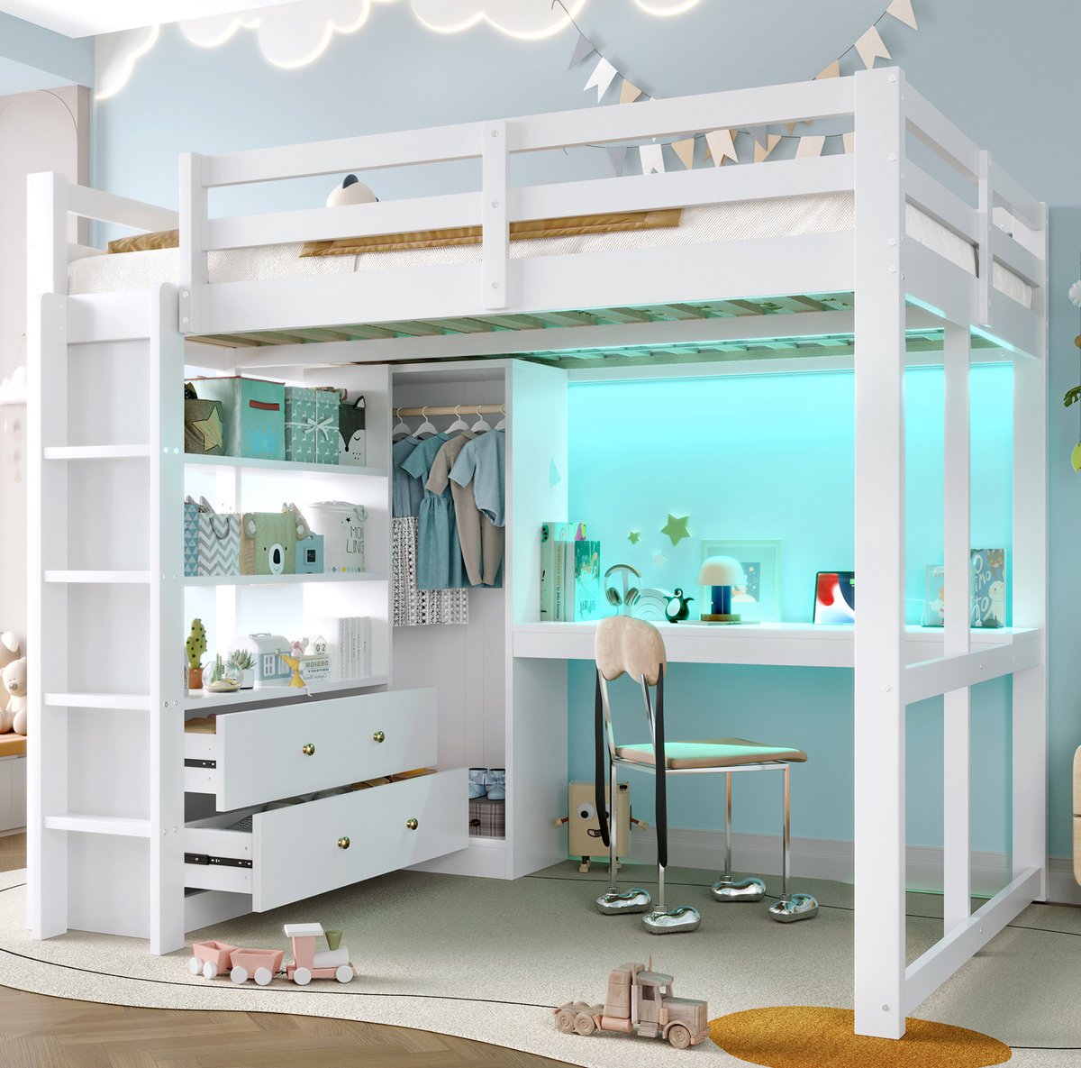MEUNIQ Hoogslaper 140 x 200 cm met bureau, 2 lades, planken, LED-verlichting, USB, ladder en opbergruimte, wit White
