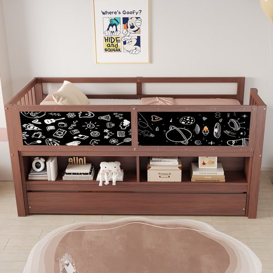 MEUNIQ kinder hoogslaper 90x200 cm met uitziehbaar onderbed, open opbergruimte, ladder en krijtbord voor kinderkamer, bruin