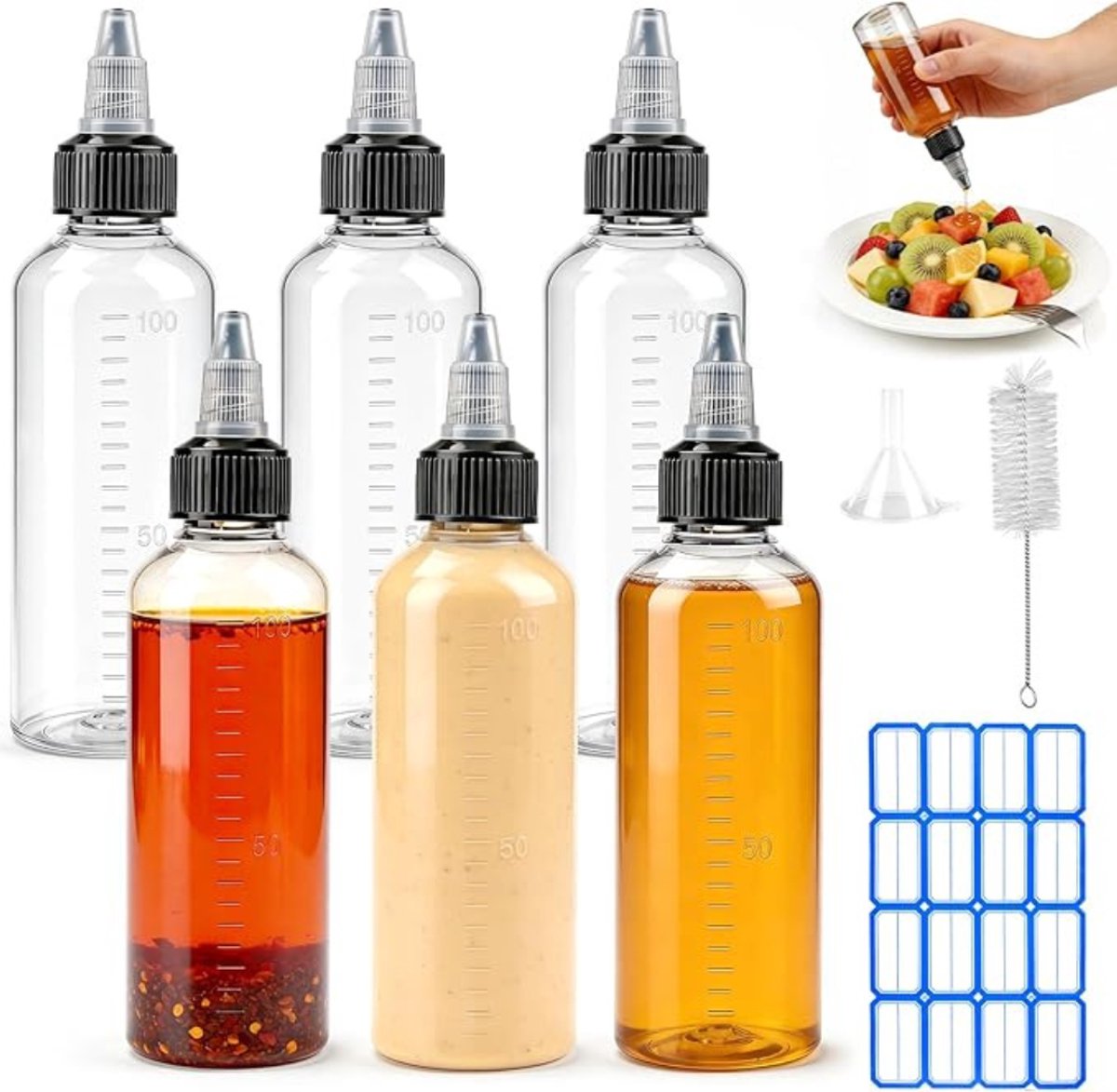 Verte Squeeze Bottle - Knijpflessen - Doorzichtige Oliedispenser - Knijpfles met Maatverdeling - Oliefles met Puntdop - Multifunctionele Plastic Fles - 15 Stuks - 100 mL