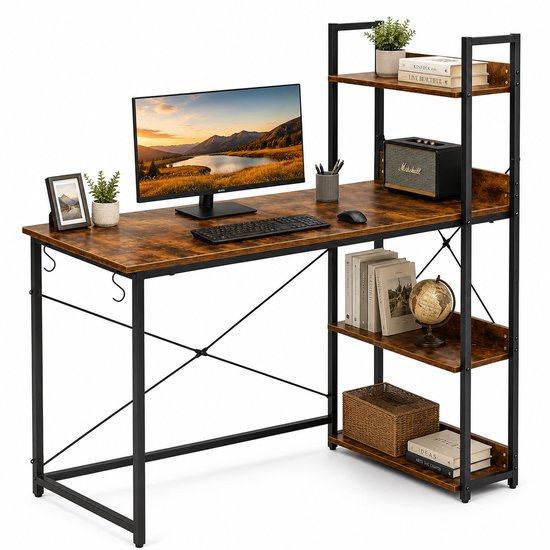 Bureau met houten blad, metalen frame, monitor, laptop en decoratie.