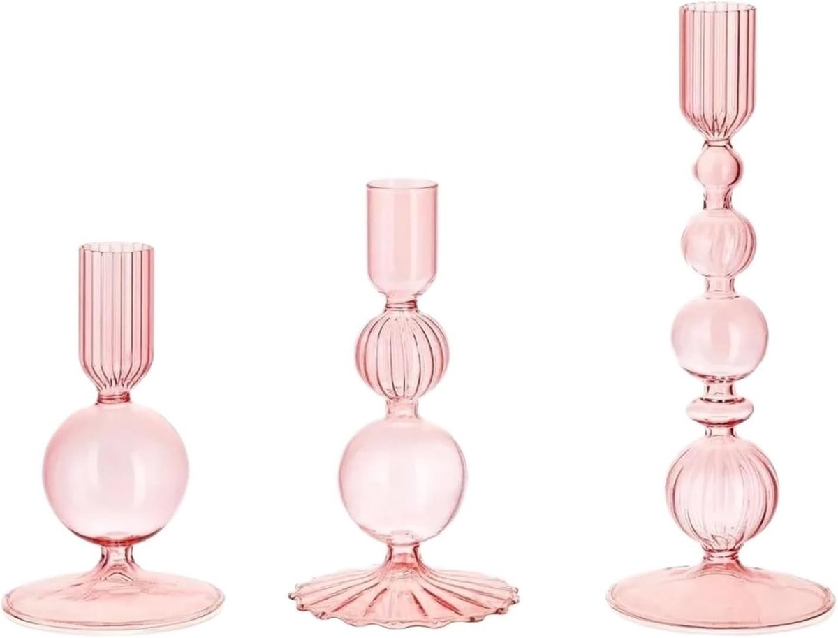 Glazen Kandelaars Set - Bloem Vaas - Tafel Decoratie - Handgemaakt Ontwerp - Set van 3 - Roze
