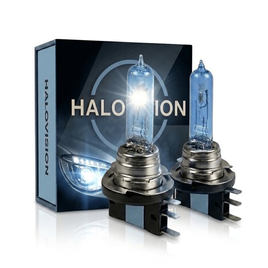 Verpakking en twee HaloVision H15 koplampen met helder blauw glas.