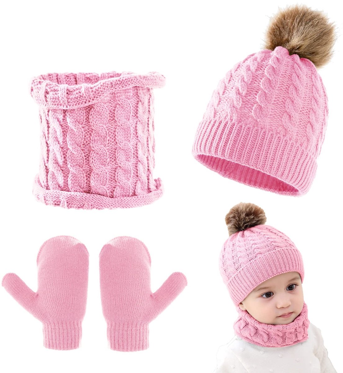 Dailygoods- Baby Beanie Set - 3-delige Muts/Sjaal/Handschoenen - Warm/Elastisch/Duurzaam - Pompon-Design - Voor Kinderen 0-3 Jaar - Winterset