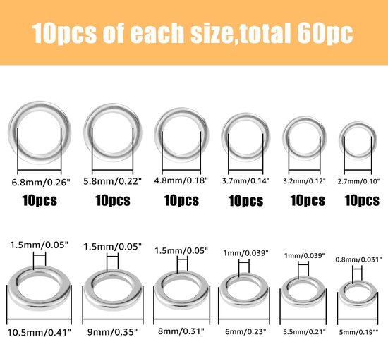 60pcs 6 Sizes Stainless Swivel Solid Ring - Round Fishing Lure Connector - High Strength Solid Ring Line - Saltwater en Freshwater Loop voor Vissen van Merkloos — afbeelding 4