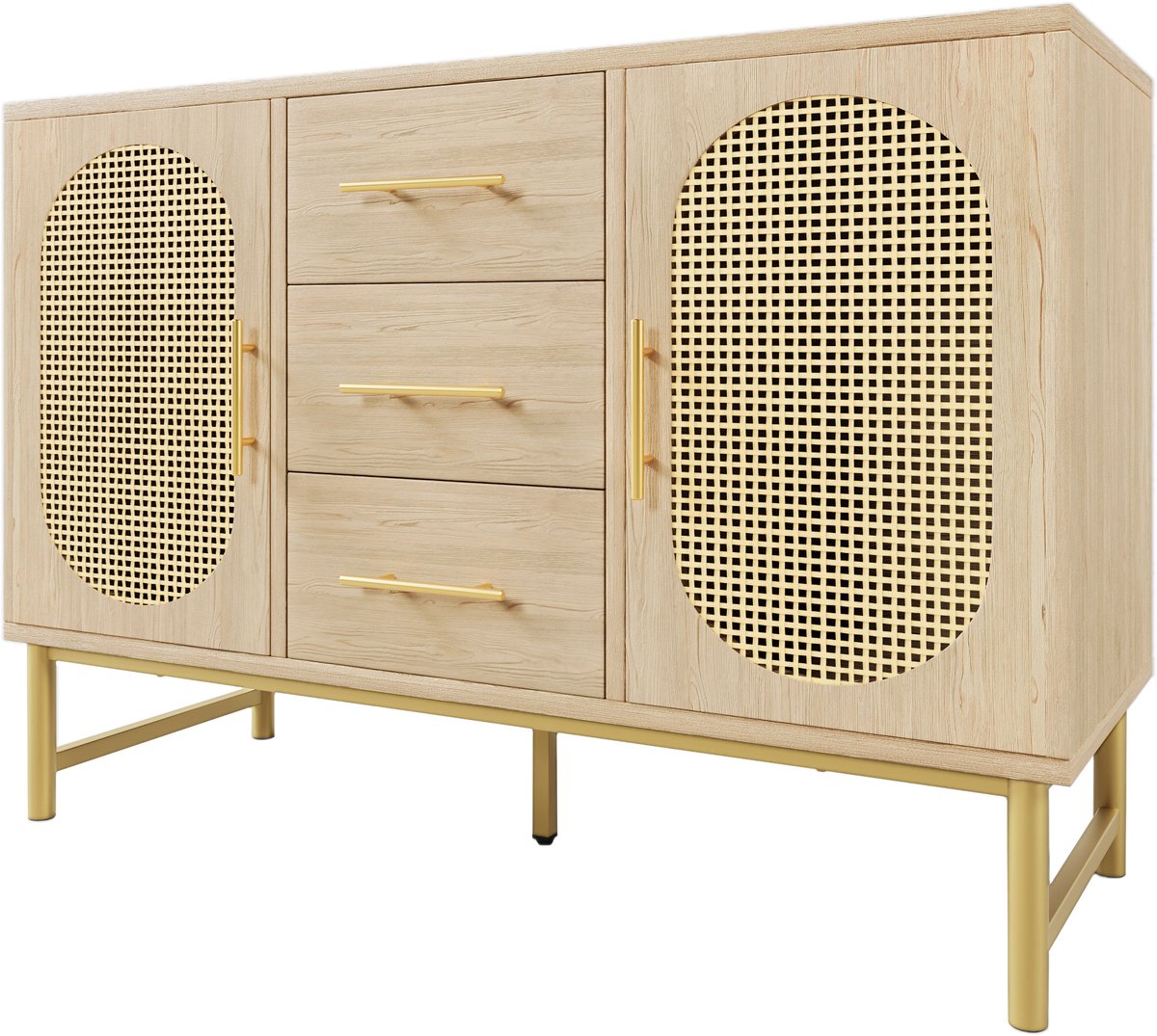 Dressoir Opbergkast – met 3 Laden en 2 Rattan Deuren - Eiken