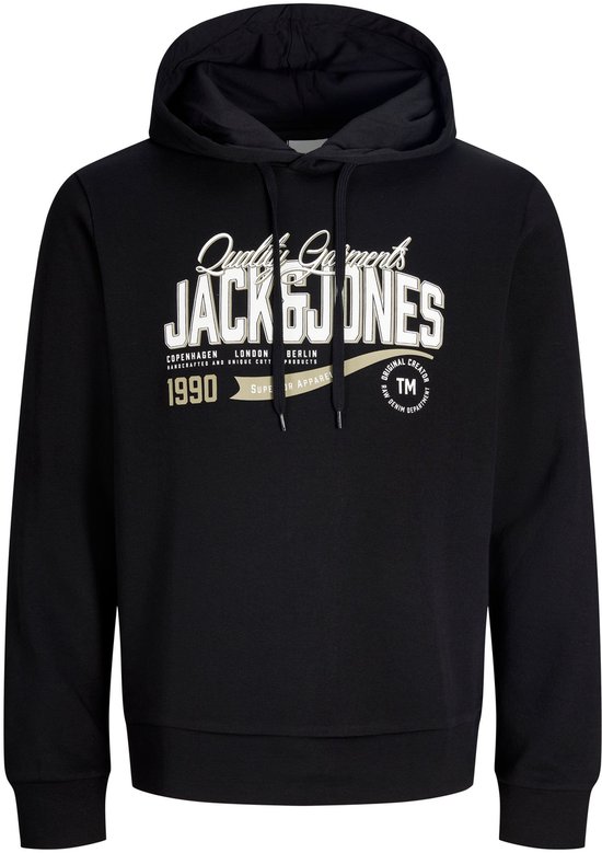 Zwarte Jack & Jones hoodie met witte en beige opdruk van logo en tekst.