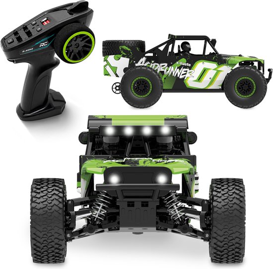 Groene 'Acid Runner' RC auto met controller en frontaal aanzicht.