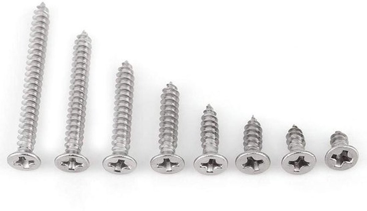 Schroevenset met houtschroeven - Zelftappende schroeven - Assortiment set - 200 stuks - RVS - Phillips - Geschikt voor houtbewerking - Plat hoofd.