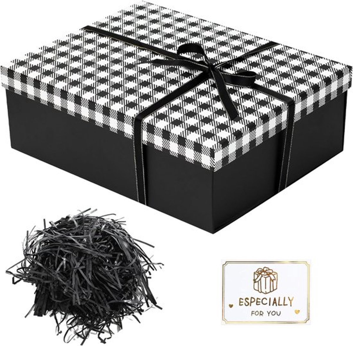 Geschenkdoos met Deksel 25x18x9 cm, Strikken, Wenskaarten en Raffia Hamper Shreds voor Bruiloft, Verjaardag, Kerst, Jubileum, Pasen (Pla