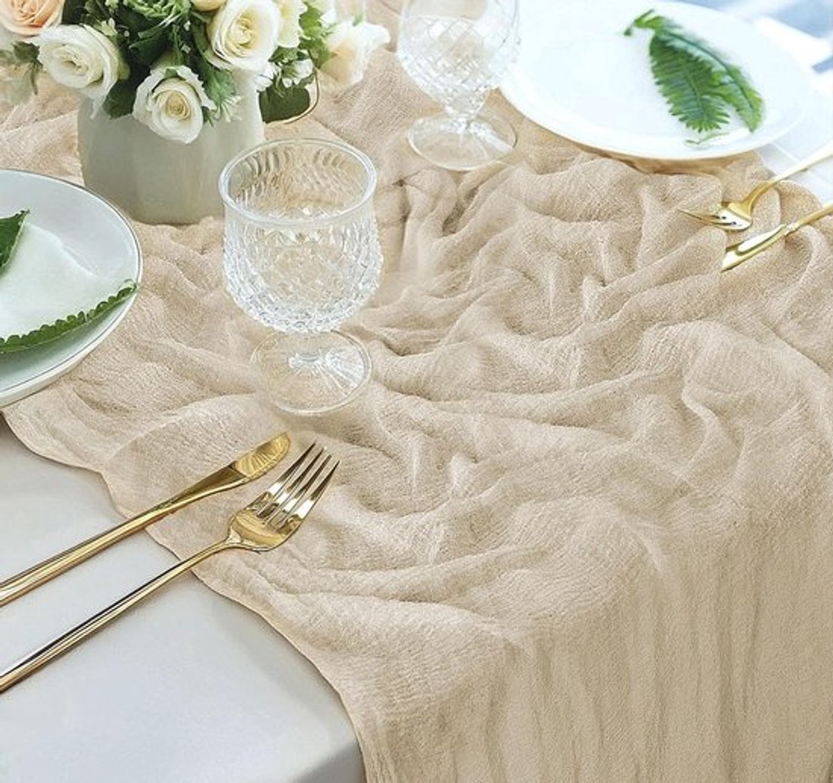 Beige Kaartjes Tafelkleed 31 x 118 Inch - Lichte Mesh Tafelrunner voor Bruiloft, Babyshower en Feestjes, Boho Stijl en Elegante Decoratie