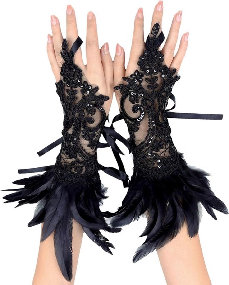 Veerboeien en Armbanden van Veertjes voor Halloween, Carnaval en Gothic Feestkleding met Decoratieve Mouwen