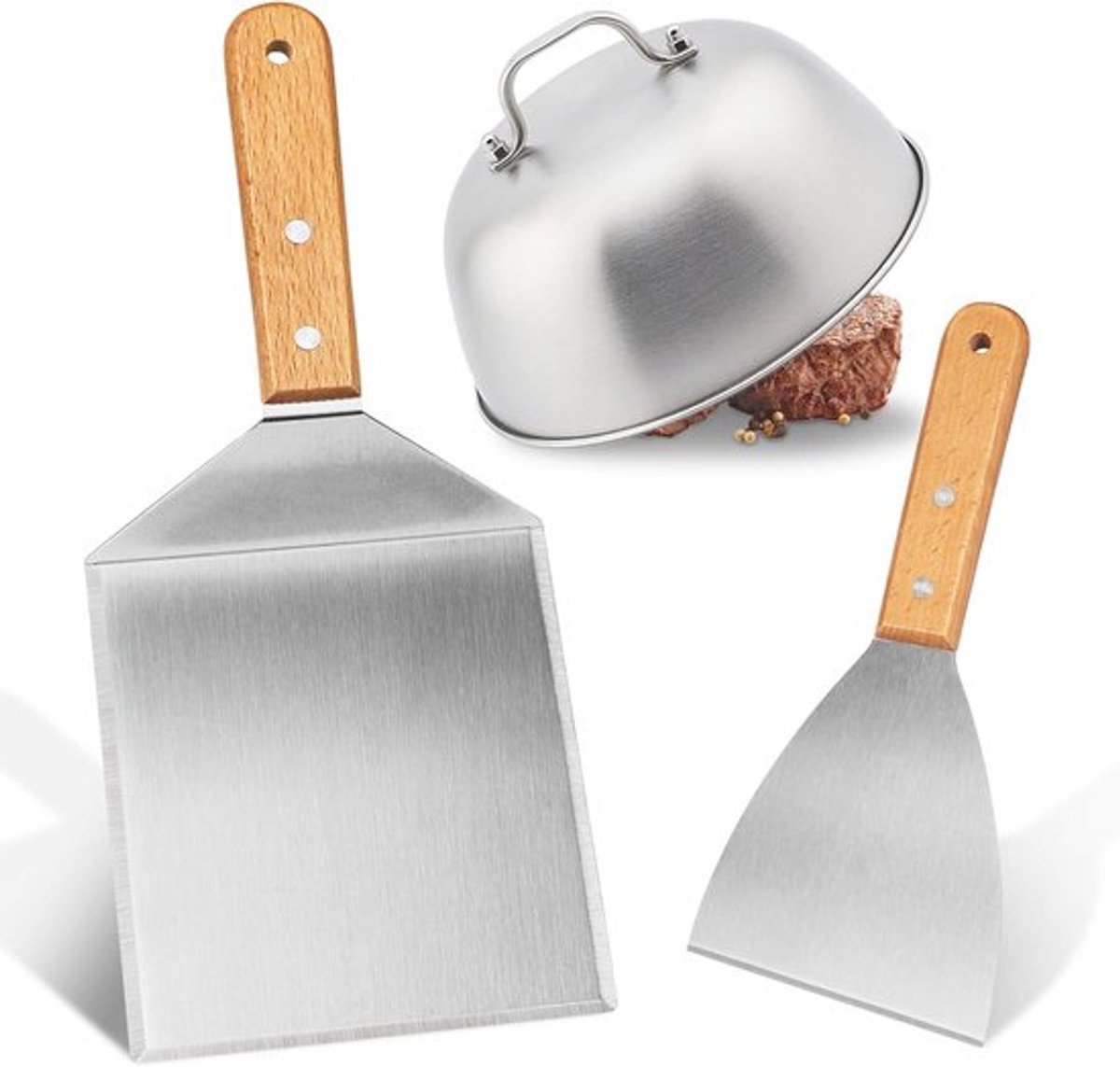 SnelShoppen - 3-delige Grillset - RVS Spatel met Houten Handvat - Perfect voor Burgers, Barbecue, Teppanyaki, Steak, Pizza - Onmisbaar Keukenaccessoir