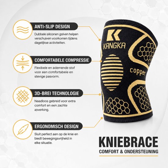 Zwarte KANGKA kniebrace met gouden accenten, honingraatpatroon en ovaal met strepen. Iconen benadrukken anti-slip, compressie, 3D-brei technologie en ergonomisch ontwerp.