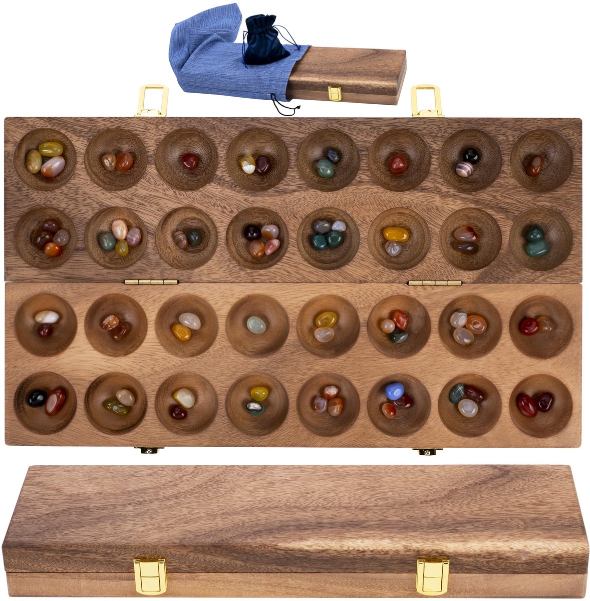 Solidchoice - Mancala Double Deluxe Vouwbordspel met 75 Halfedelstenen