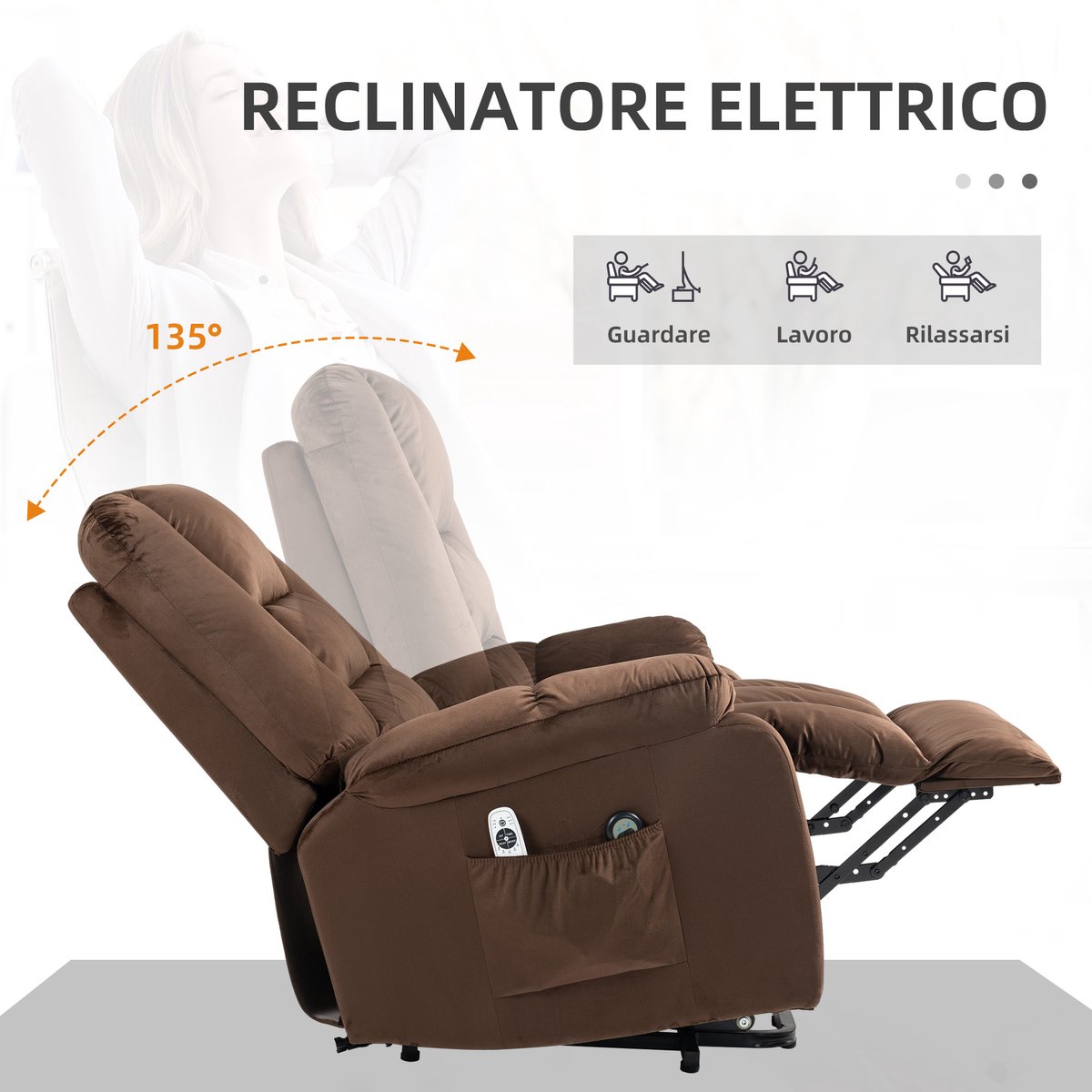 Fauteuil Relax Lift Recliner Massage Verwarmd Fluweel Bruin – foto 8