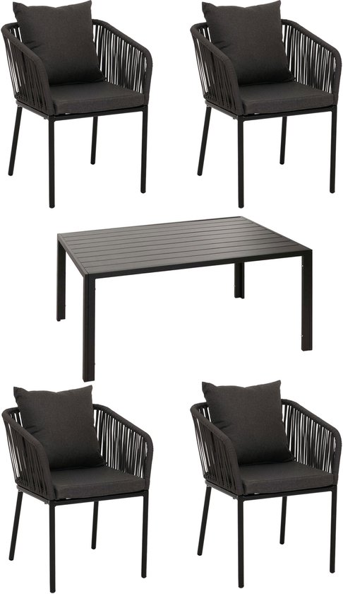Antraciet tuinset met tafel en vier stoelen met touwvlechtwerk en donkergrijze kussens.