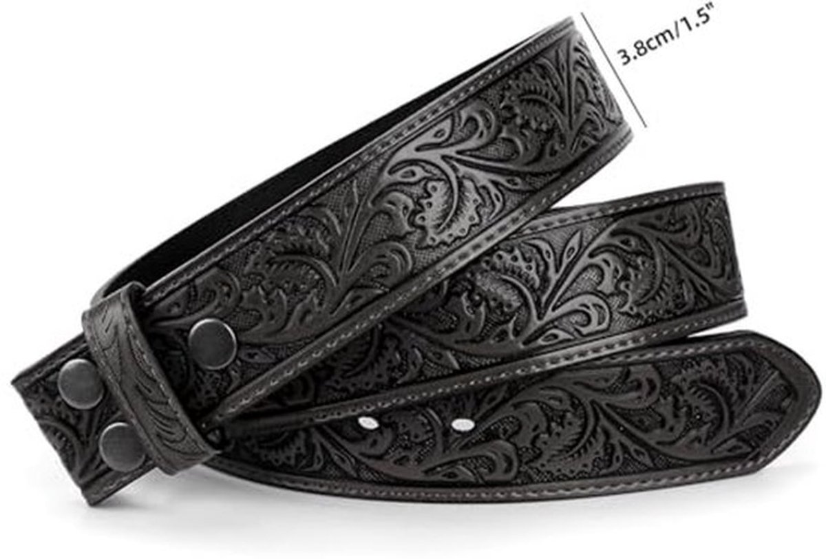Western herenriem zonder gesp, breedte 3,8 cm, met bloemenpatroon, in leer met reliëf