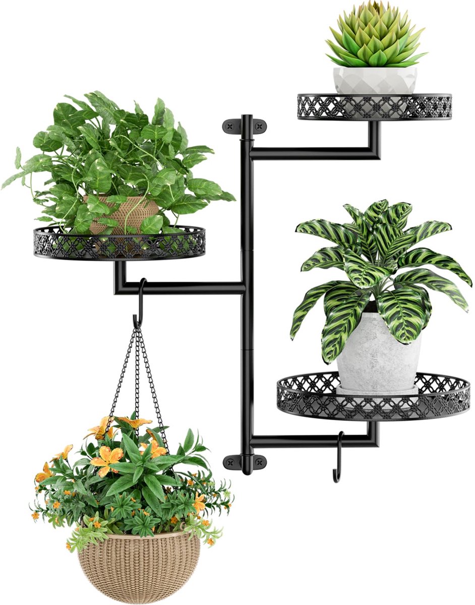 Famanu – Draaibare vensterplantenplank, 3-laags metalen vensterplank met bloemenmotief voor meerdere planten, inclusief ophanghaken, zwart, ideaal voor het tentoonstellen van je favoriete planten