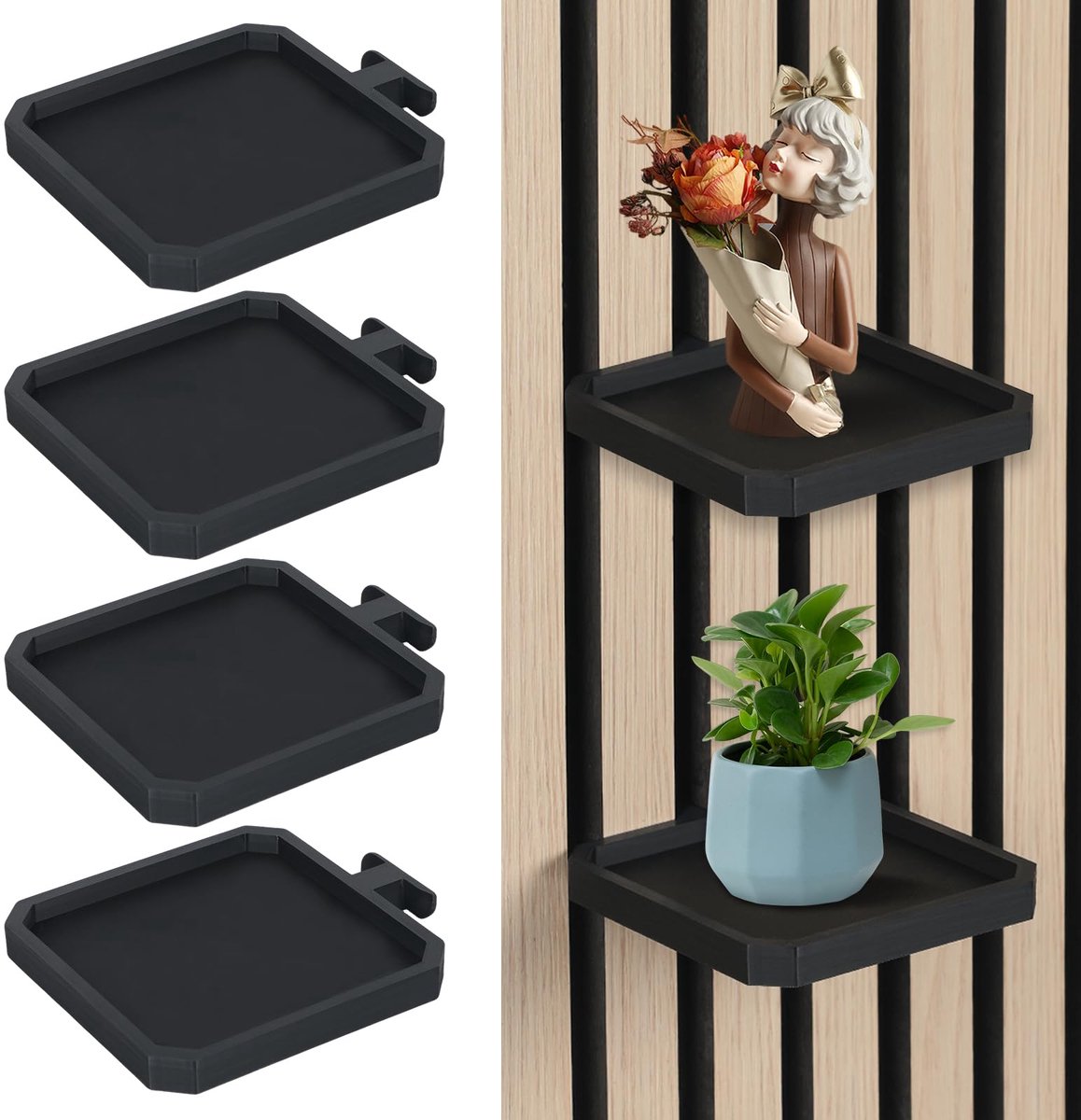 Famanu – Set van 4 plantenhouders voor akoestische panelen, plantendienblad rek voor woonkamer, slaapkamer en kantoor, wandmontage, zwart (vierkant, 10,8 x 10,8 cm