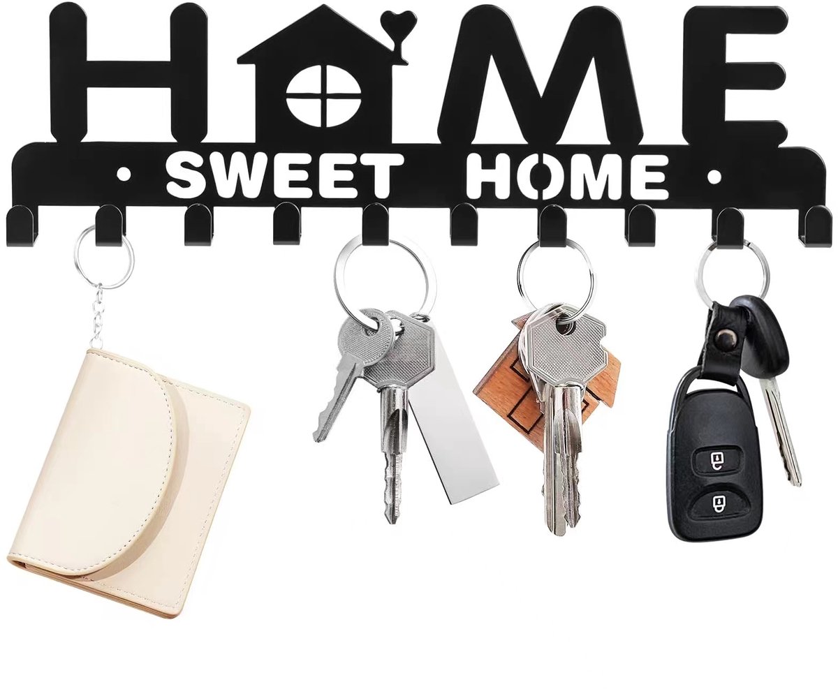 Sleutel Organizer –'Home Sweet Home'-sleutelhouder voor aan de muur (rek met 10 haken) – Decoratieve metalen hanger voor voordeur, keuken of garage | Voor het opbergen van sleutels van huis, werk en voertuigen | Vintage-stijl