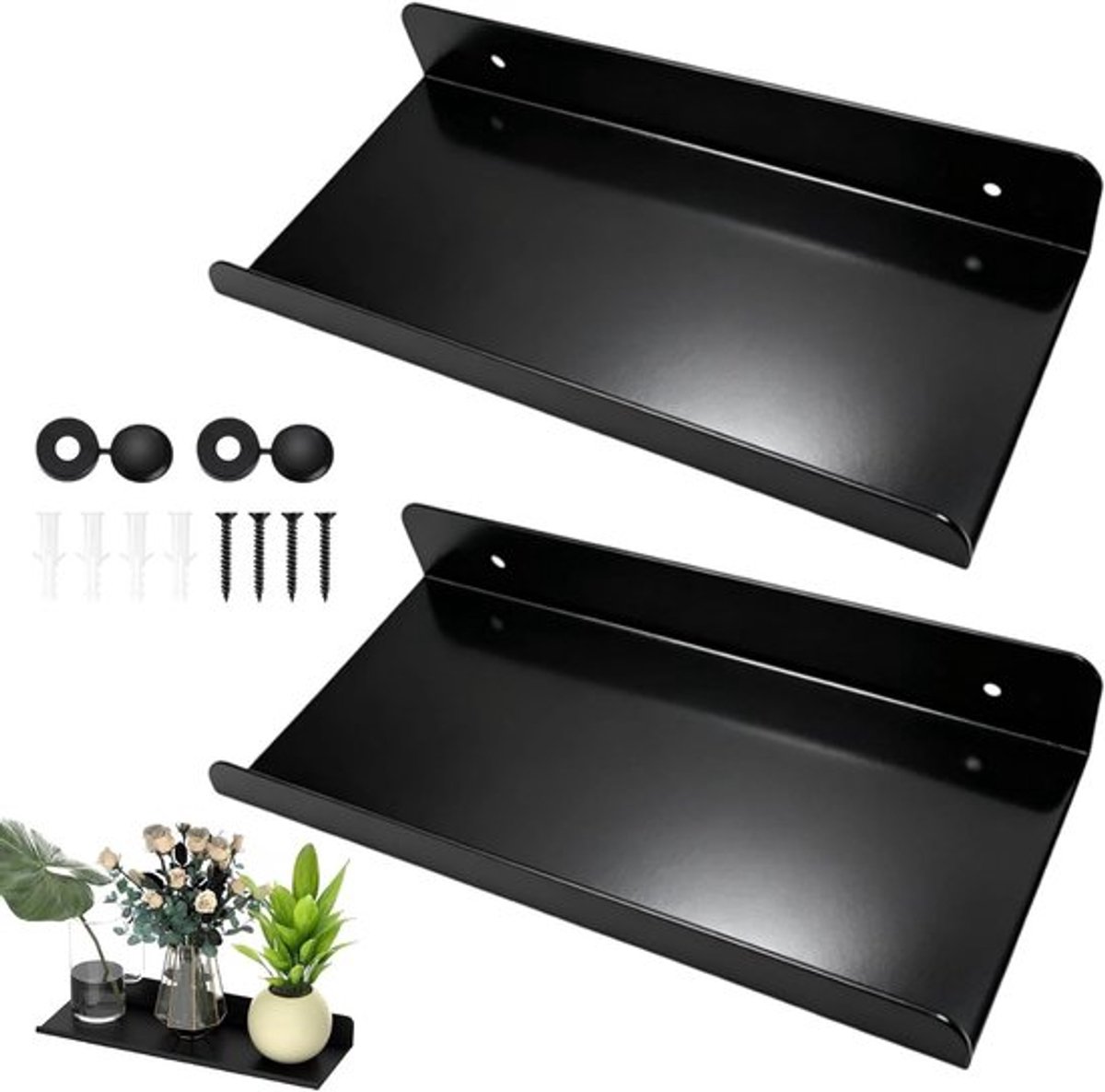 Zwarte Wandplank van 30 cm, Zwevende Plank met Schroeven, Ideaal voor Foto's, Boeken en Decoratie in Keuken, Woonkamer en Kantoor - Set van 2, 30 x 10 x 5 cm