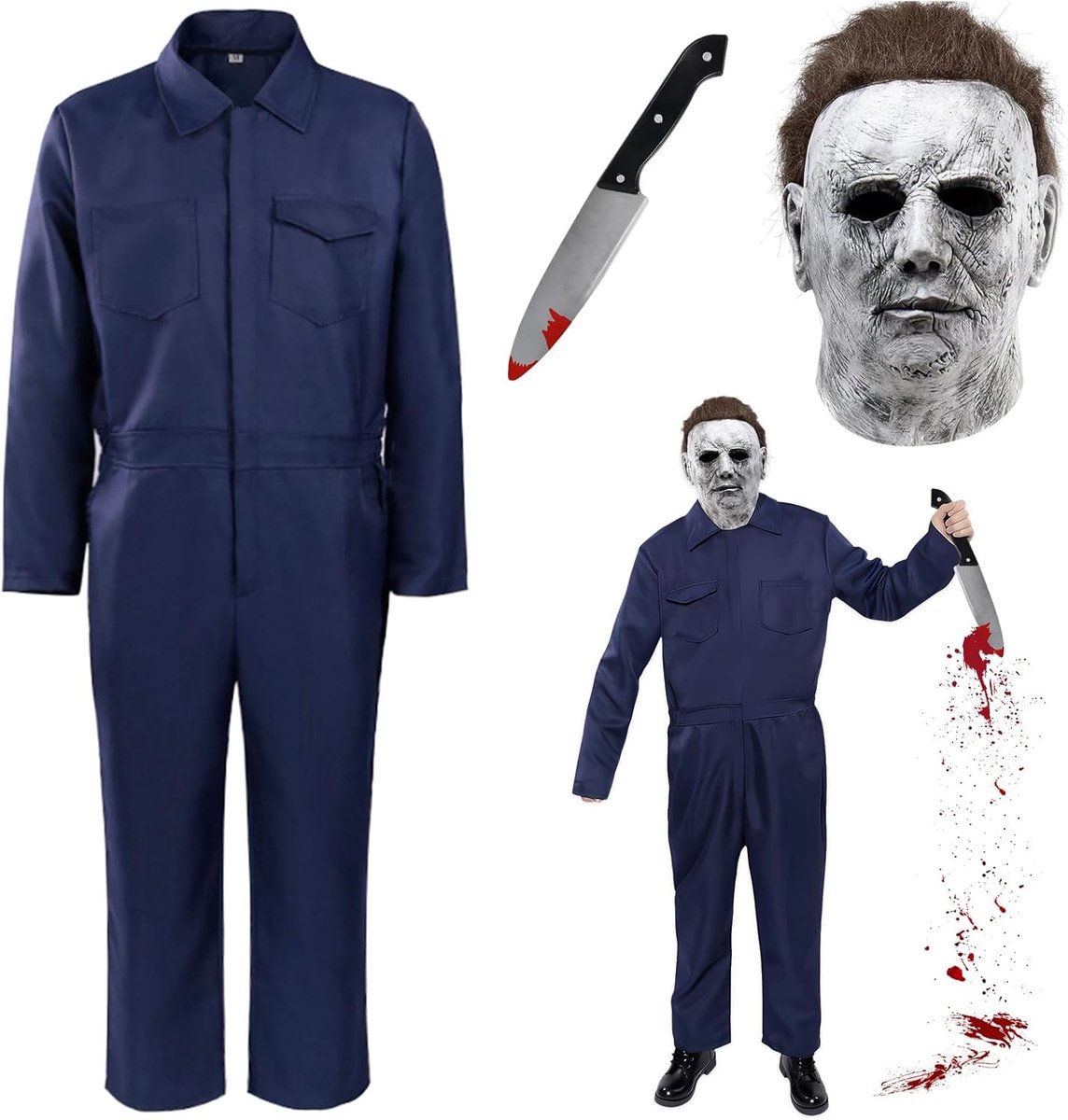 Horror Kostuum voor Halloween, Dodenmasker en Werk Overall voor Volwassenen, Perfect voor Cosplay en Feestjes