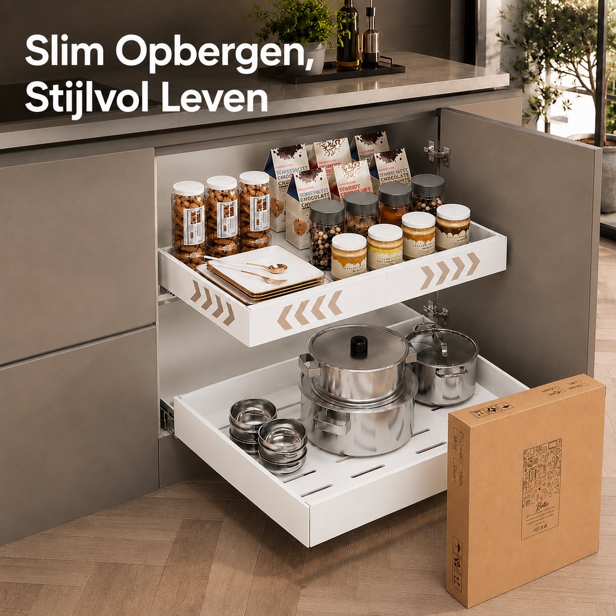 BOTC Uittrekbare Keukenkast Organizer - Verstelbare Kastlade 32-52 cm - Zonder Boren - Draagvermogen 25 kg - Voor Keukenkast & Voorraadkast - Wit — cadeau in Cadeau-ideeën - foto 7