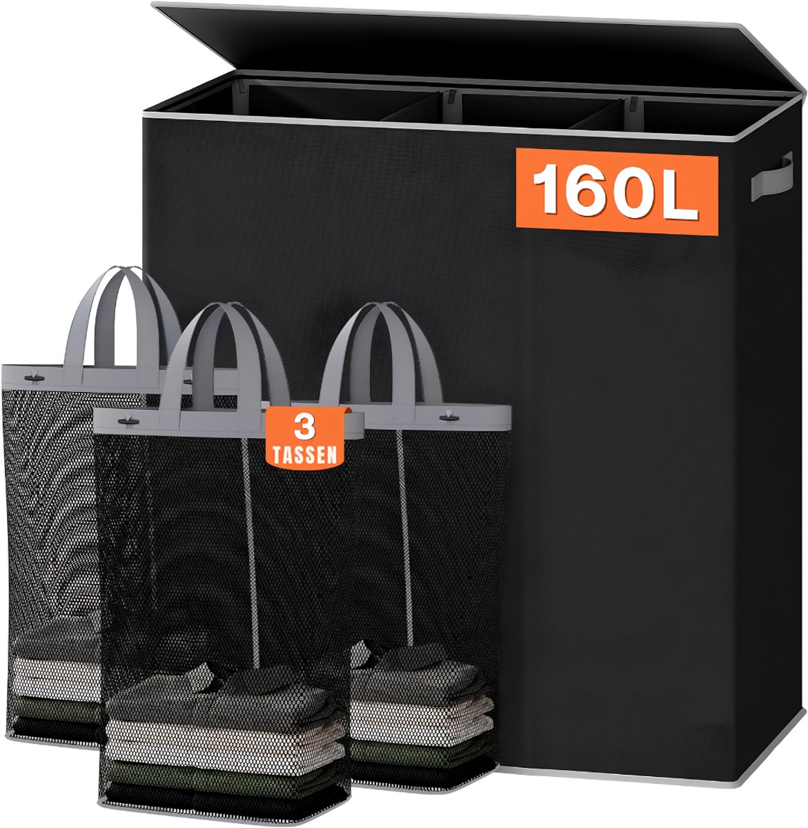 TYR® Wasmand - Wasmand 3 Vakken - Wasmand Met Deksel - Zwart - 64cm x 36cm x 70cm