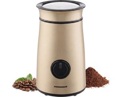 Heinner Elektrische Koffiemolen – Koffiebonenmaler 150 W – 50 g Maalcapaciteit – RVS Messen – Pulsbediening – Transparant Deksel – Kabelopslag – Compact Goudkleurig Design