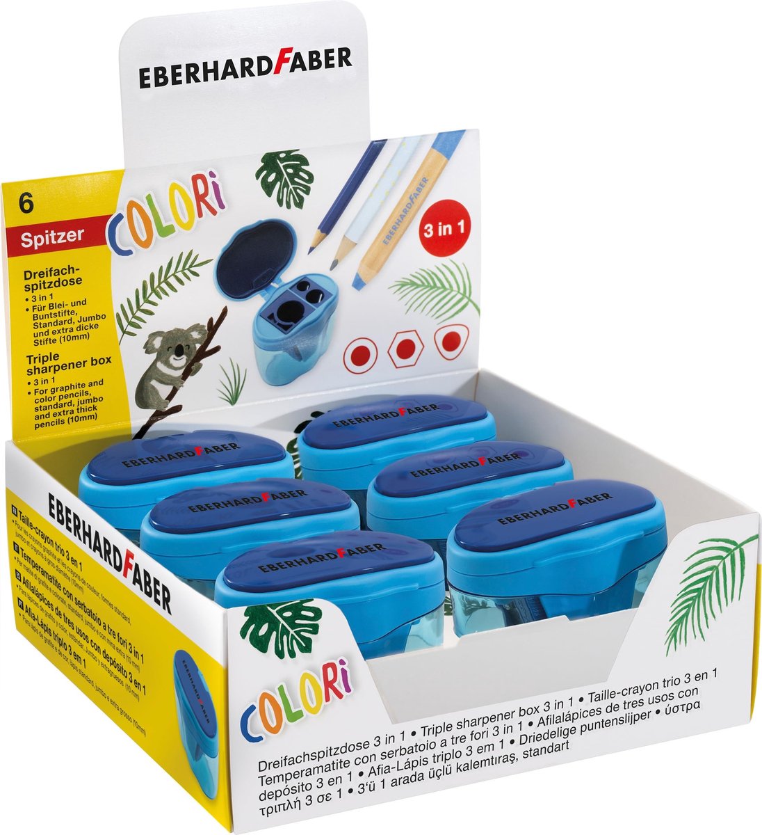 Solidchoice - Drievoudige Puntenslijper Colori - Set van 6 met Opbergvak