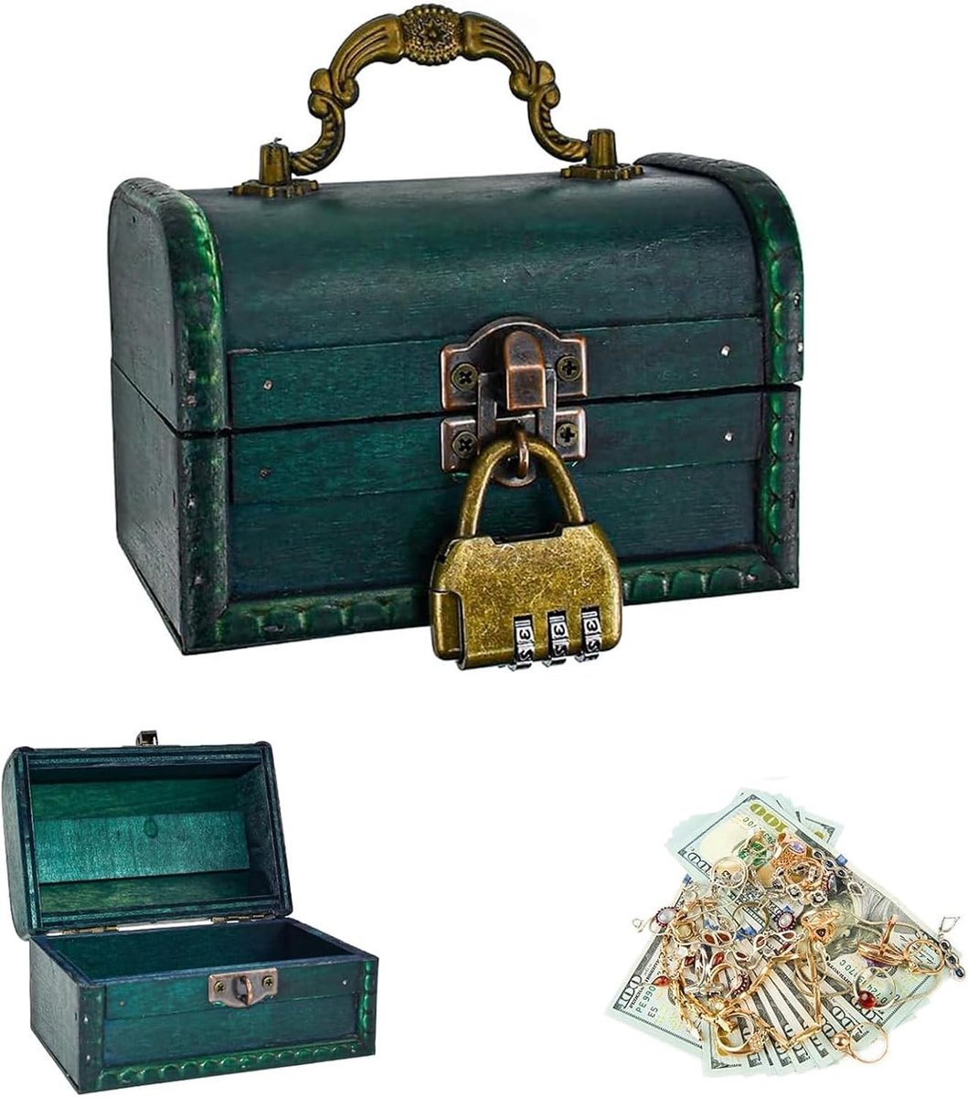 Vintage Houten Schatkist met Slot - Decoratieve Opslagdoos voor Sieraden en Kleine Voorwerpen (11.7 x 8 x 8 cm)