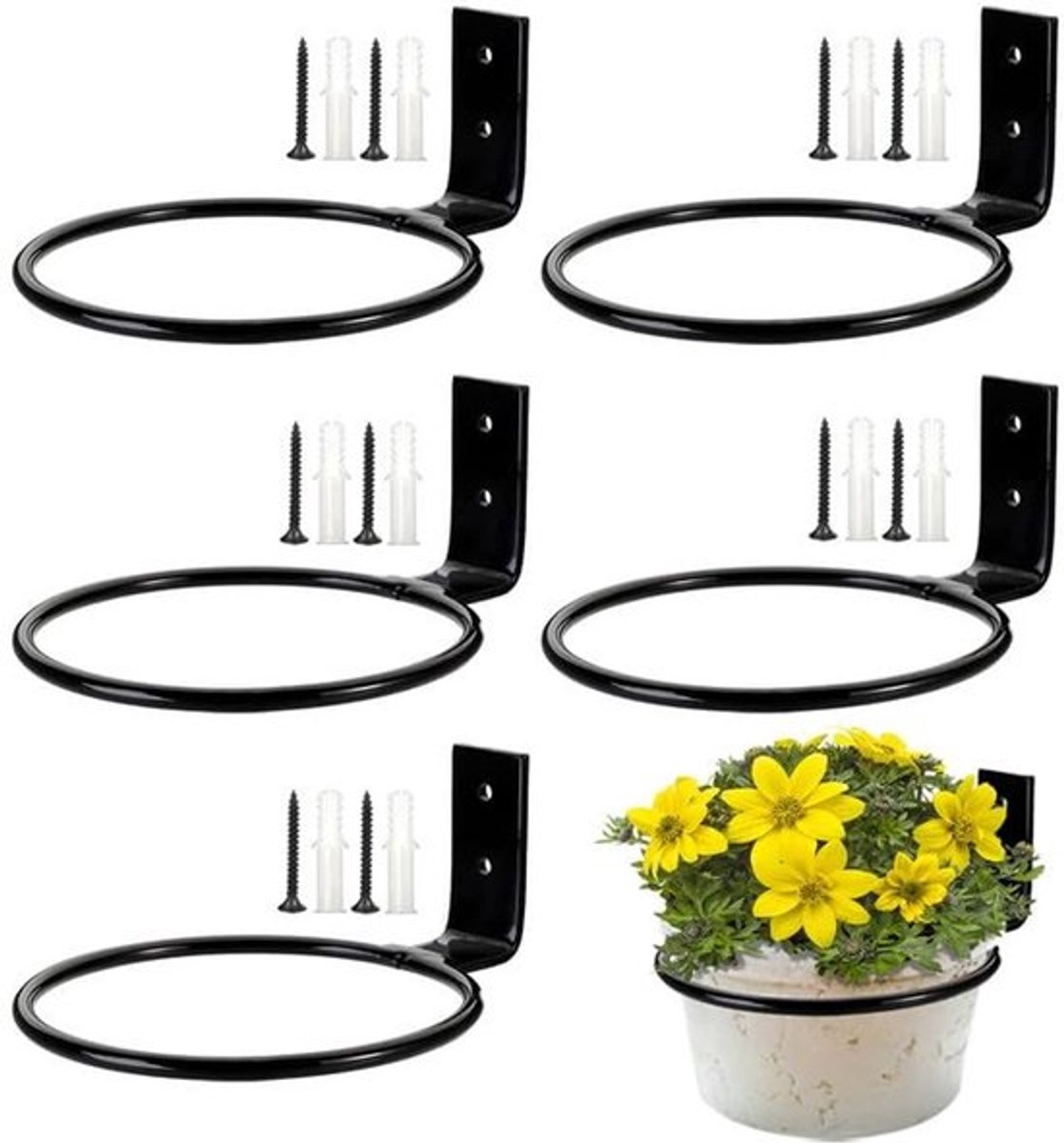 Bloempothouders Wand - Plantenwandhouder - Elegante Ring - Zwart - Bloempothouder Haak - Geschikt voor Binnen en Buiten - Set van 5