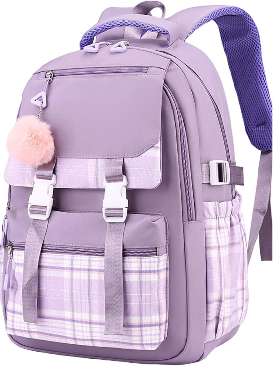 VHV Schooltas voor meisjes - Waterdichte rugzak voor meisjes - School rugtas - lichtgewicht schooltas - ademende en comfortabele schoolrugzak - Oxford-stof - Paars
