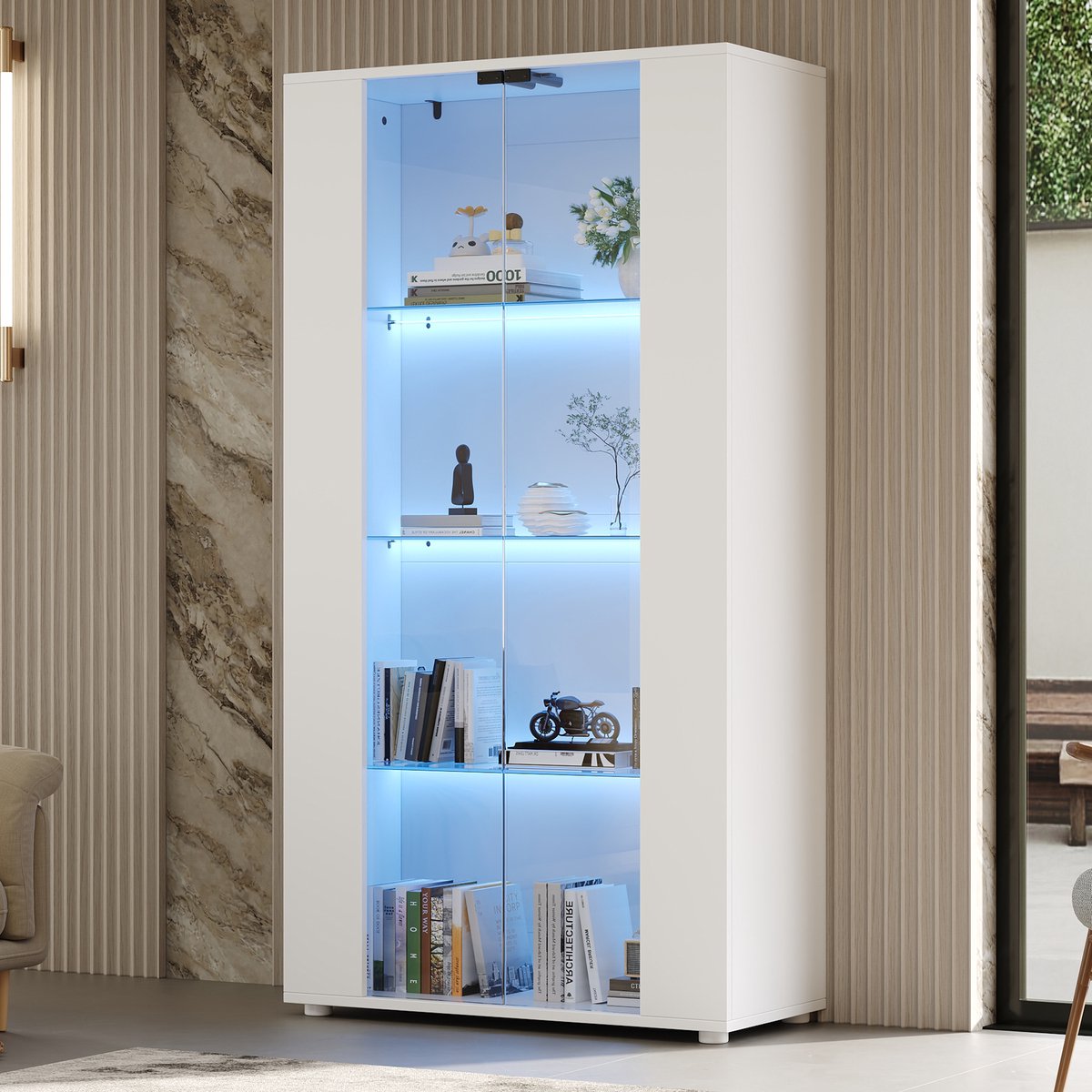 MIVRAY Vitrinekast - Met 2 Glazen Deuren En 4 Planken - Modern Design Voor Woonkamer Eetkamer En Kantoor - Wit - 80x36x150 Cm