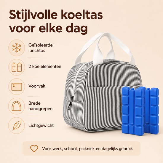 VHV - Koeltas - Geïsoleerde Lunchtas - lunchpakket set - Geïsoleerde koeltas - Lichtgewicht - Koelelementen - 23x14x19cm - Voor Werk, School, Picknick en Dagelijks Gebruik - Zwart Gestreept van Vhv — afbeelding 5
