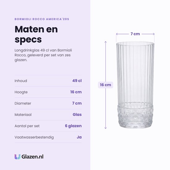 Hoog, helder longdrinkglas van 16 cm hoog en 7 cm diameter, met een geglazuurde bodem. Gevuld met ijs, water en een garnering.