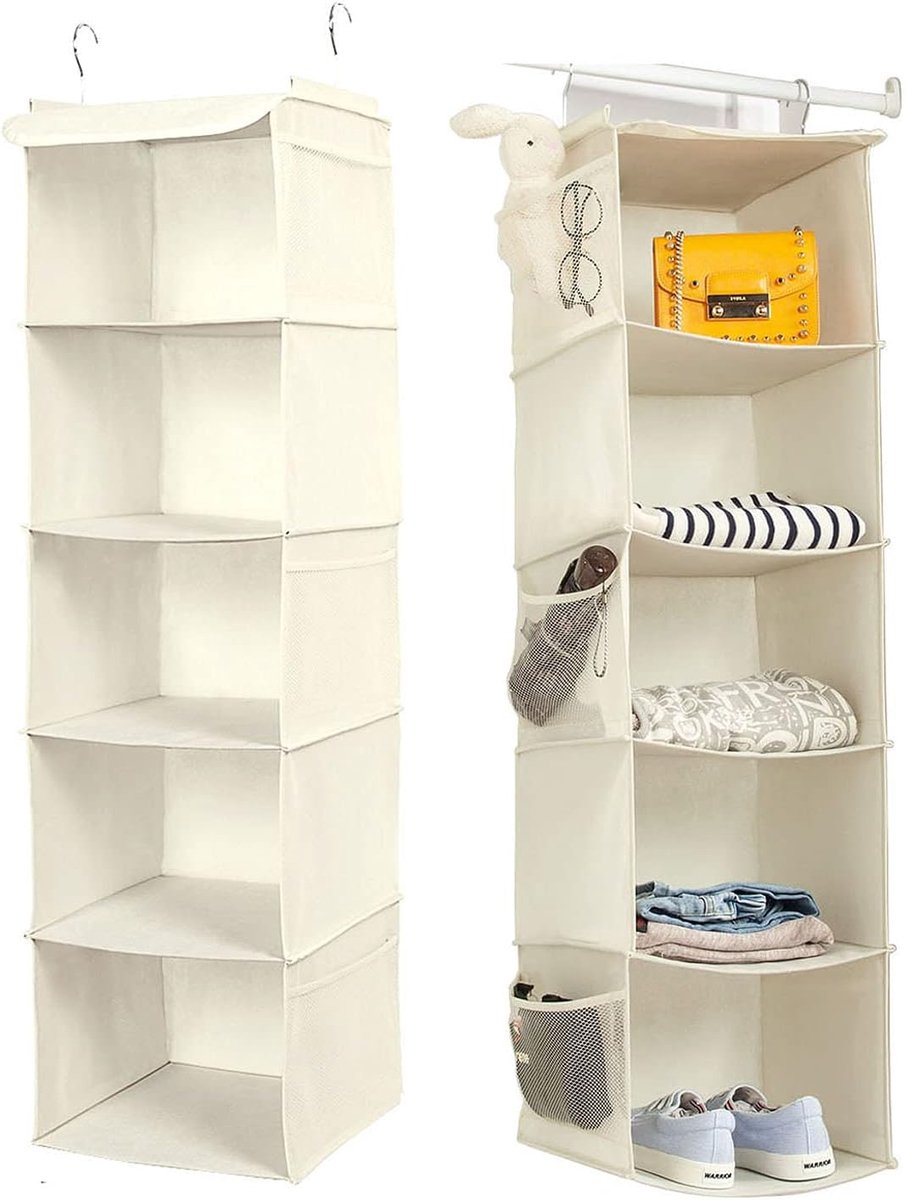 2 Stuks Kleding Organizer Hangend - Garderobe Organizer met 5 Vakken en Zijvakken - Opvouwbare Hangende Opberger voor Kleding, Schoenen en Accessoires - Beige