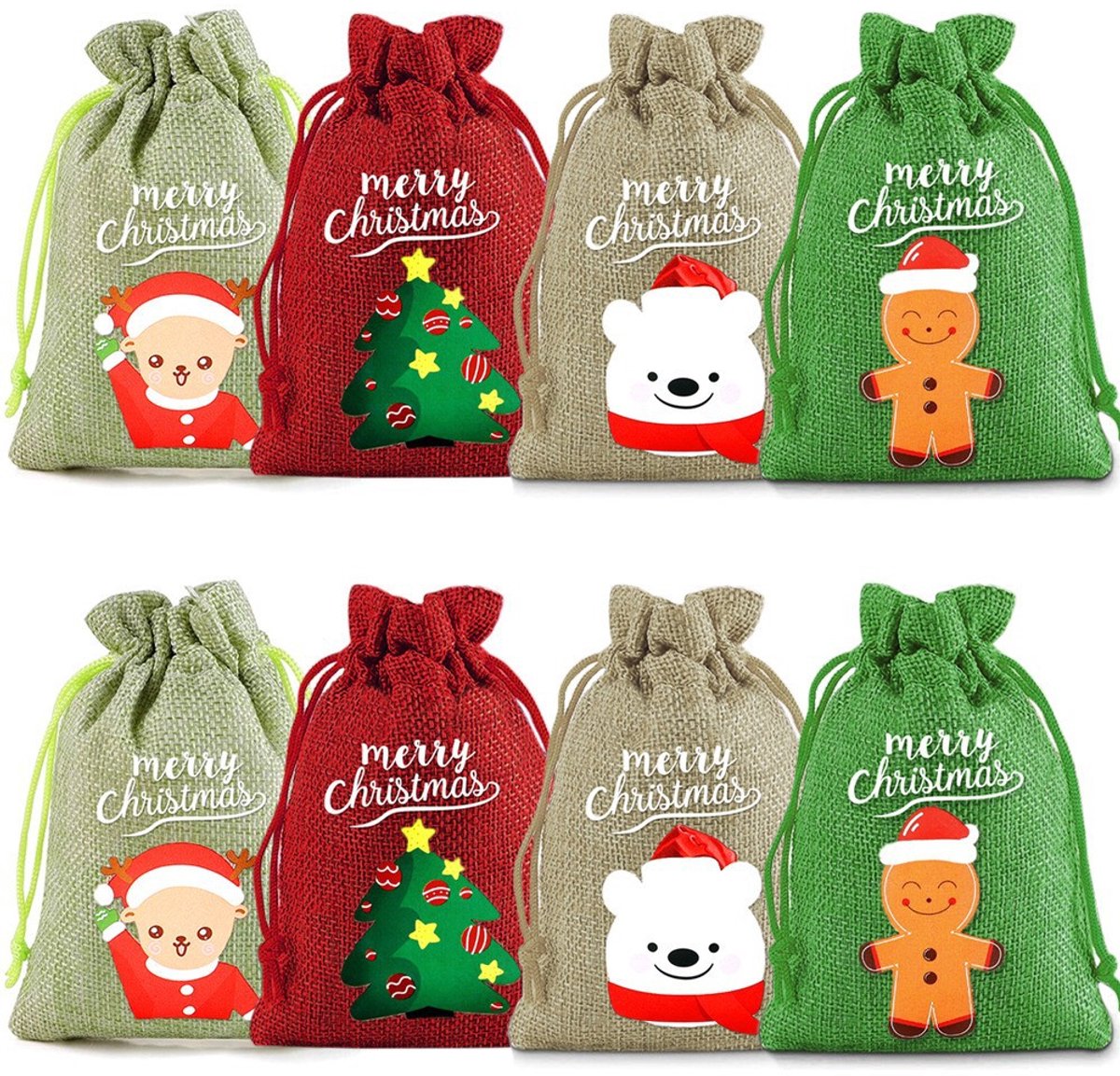 Kerst Cadeauzakjes – Jute Kerstzakjes met Trekkoord – Herbruikbare Snoepzakjes met Kerstprint – Feestelijke Geschenkzakjes voor Kinderen & Kerstdecoratie – 8 Stuks