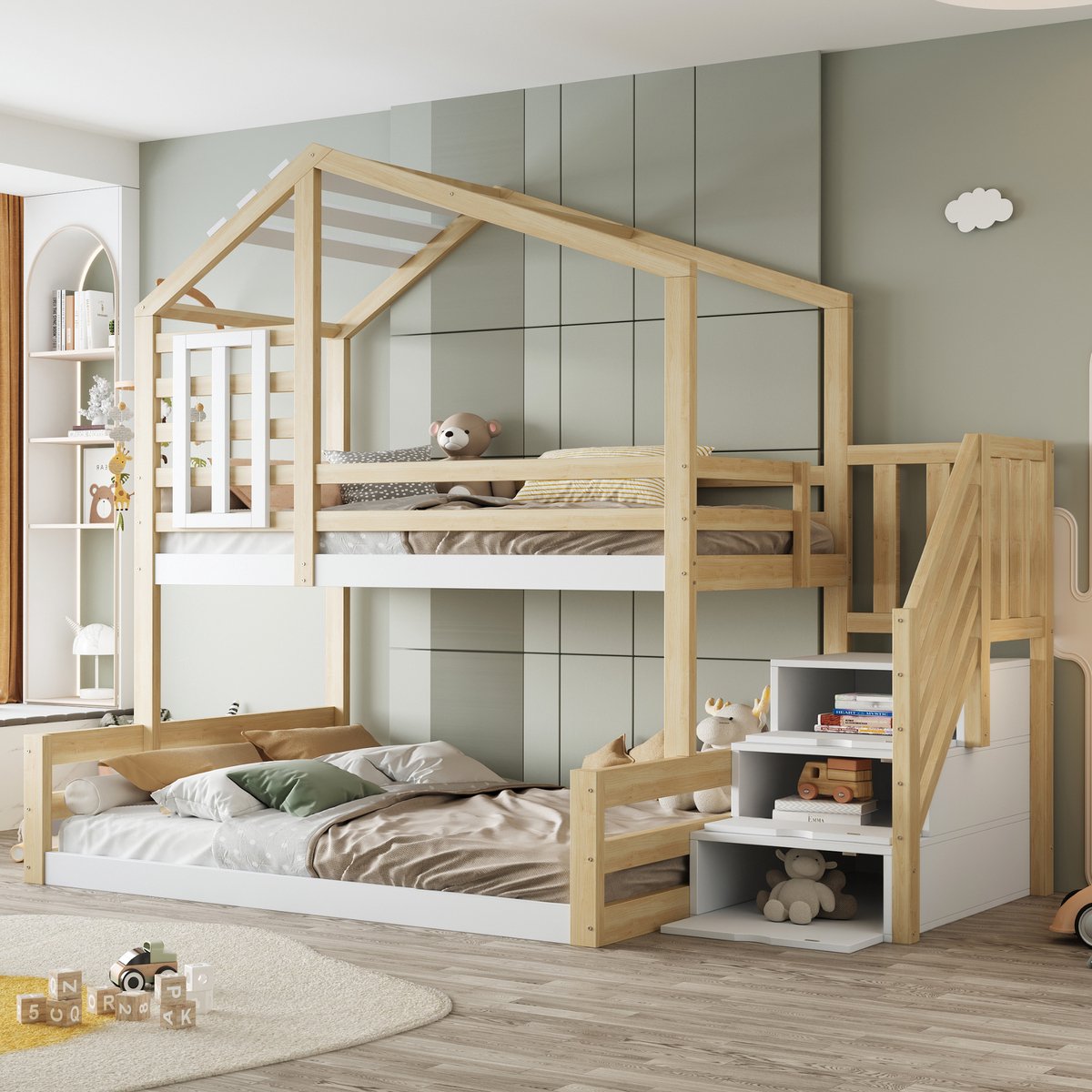 Stapelbed 90x200 cm - Met Opbergruimte - Met Ladder - Met Valbeveiliging - Natuurlijk