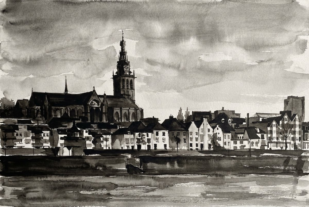 Atelier Iconique Skyline Nijmegen Black and White Ink Wash Skylines - Print op Canvas 90x60 cm - Atelier Iconique zwart