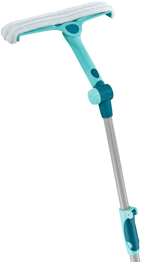 Gedetailleerd beeld van de turquoise raamwisserkop met schrob-element en de draaiknop op de steel.